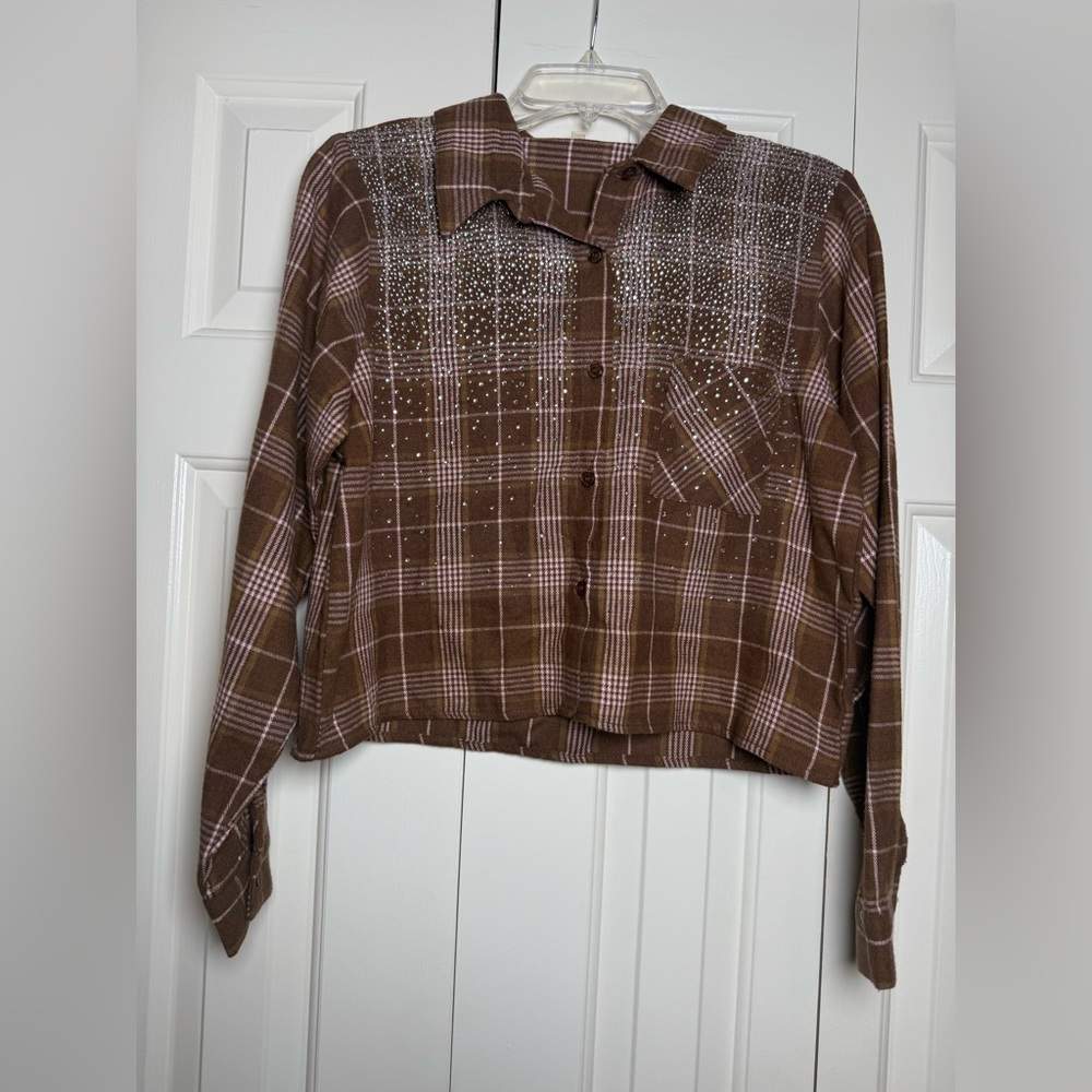 Say Anything Bejeweled Luxe Plaid Button Down Top